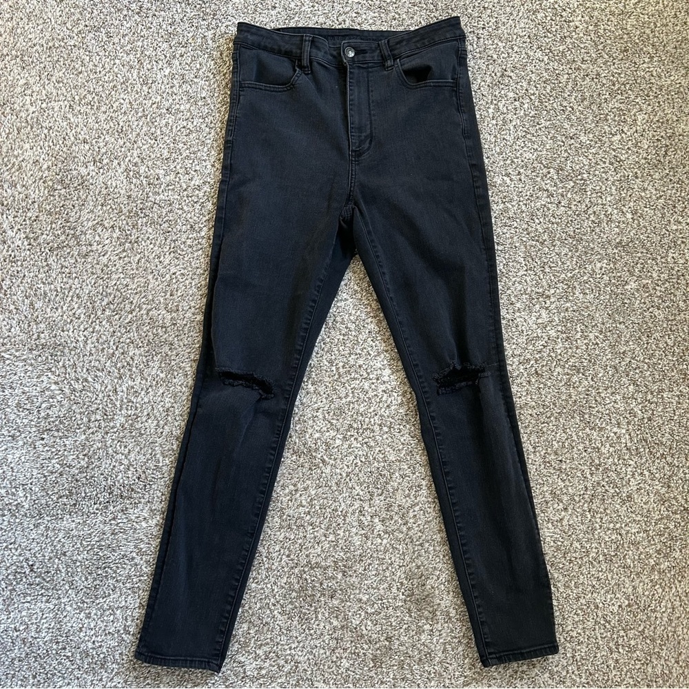 American Eagle Black Next Level Stretch High Rise Distressed Skinny Jeans 12
